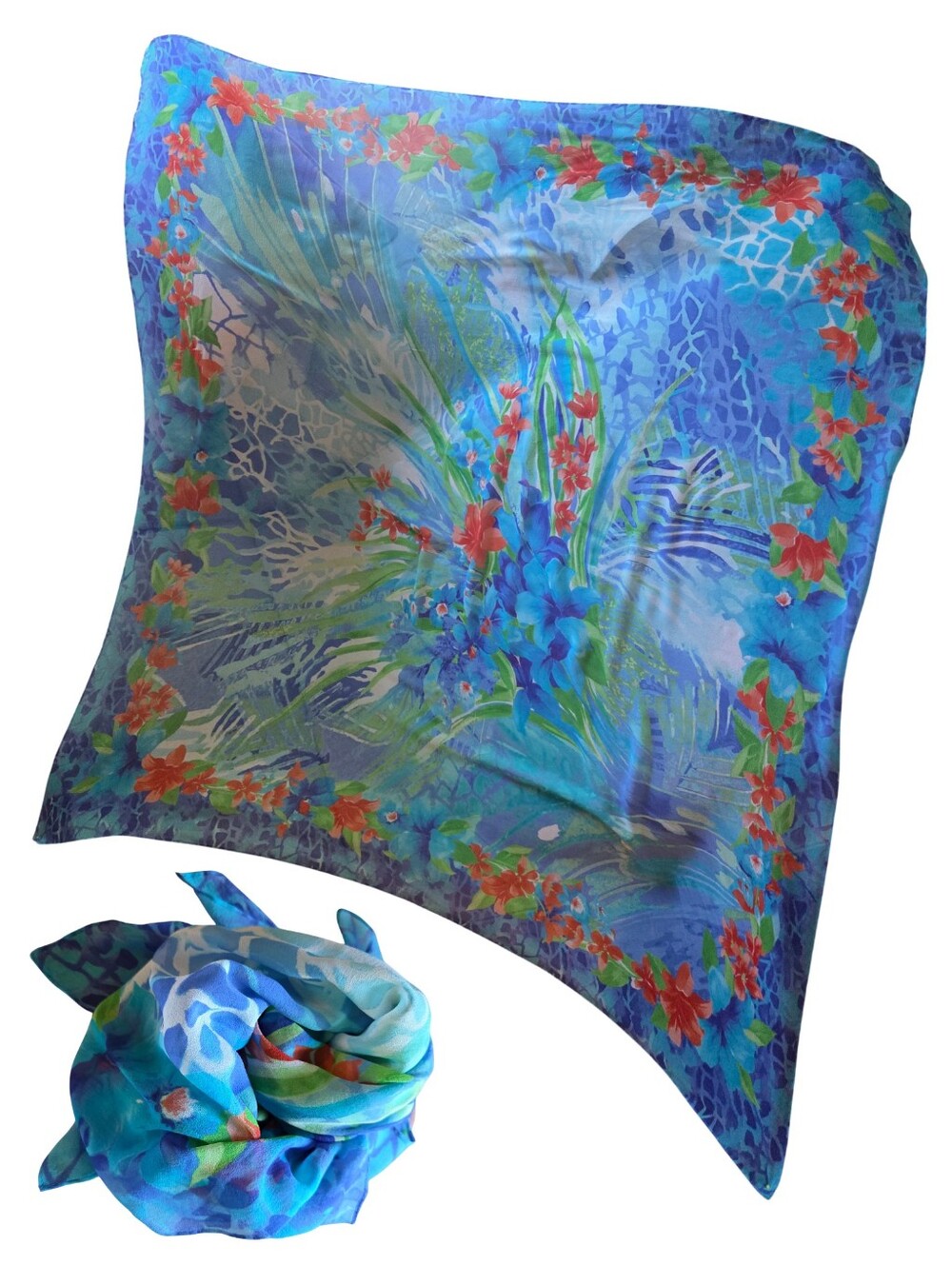 Gottex 100% SILK Blue Coral Floral Silk Pareo Sarong Scarf 56" Square Like New